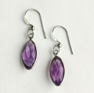 Sterling silver marquise checkerboard cut Amethyst drop earrings